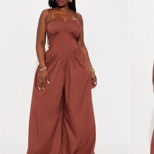 Fashion Nova Brown Palazzo Jumpsuit with Sweetheart Neckline